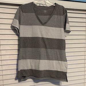 a.n.a Gray and White Striped V-Neck Top